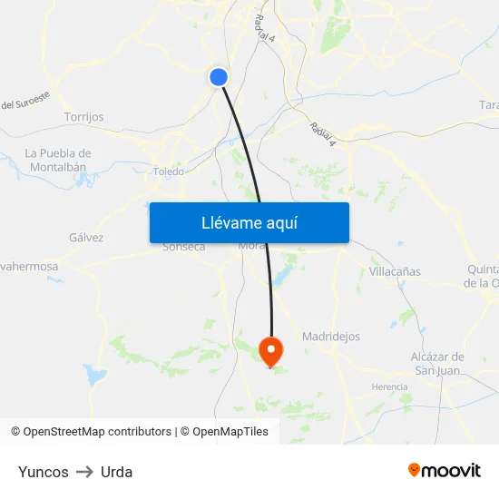 Yuncos to Urda map