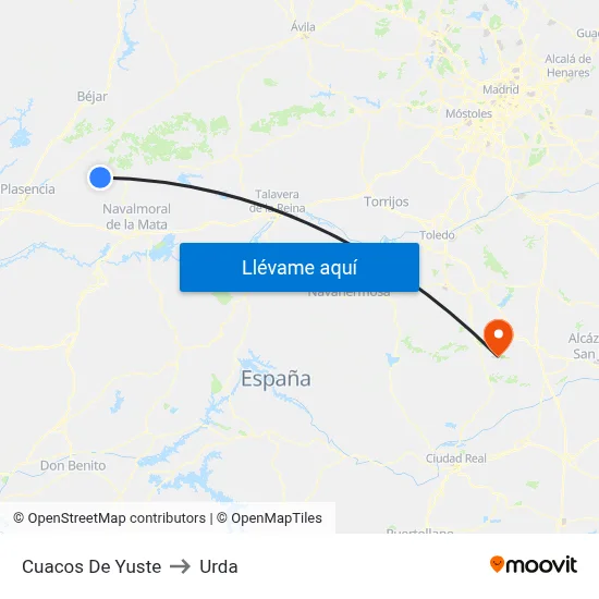 Cuacos De Yuste to Urda map
