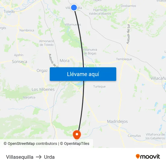 Villasequilla to Urda map