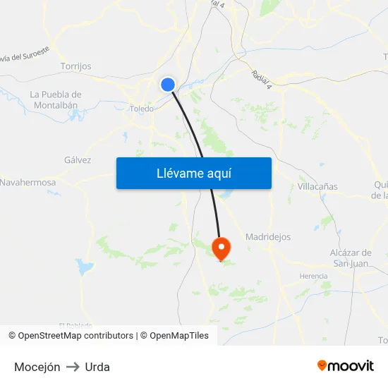 Mocejón to Urda map