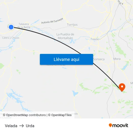 Velada to Urda map