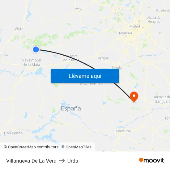 Villanueva De La Vera to Urda map
