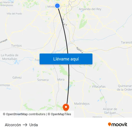 Alcorcón to Urda map