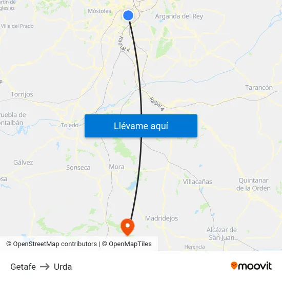 Getafe to Urda map