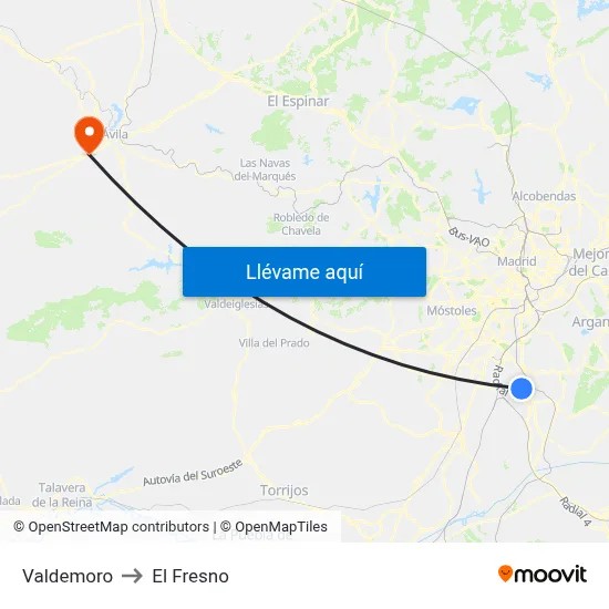 Valdemoro to El Fresno map