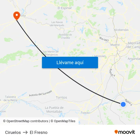 Ciruelos to El Fresno map