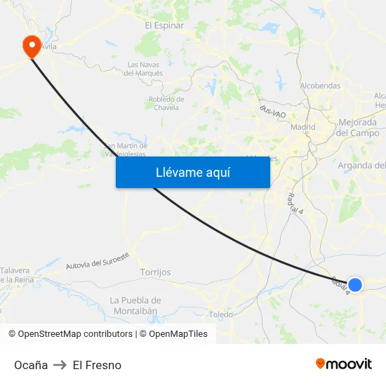 Ocaña to El Fresno map