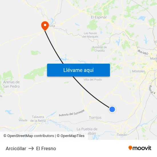 Arcicóllar to El Fresno map