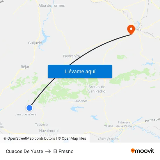 Cuacos De Yuste to El Fresno map