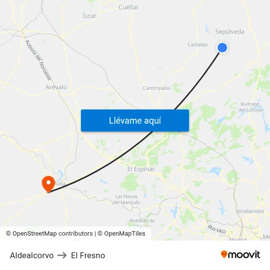 Aldealcorvo to El Fresno map
