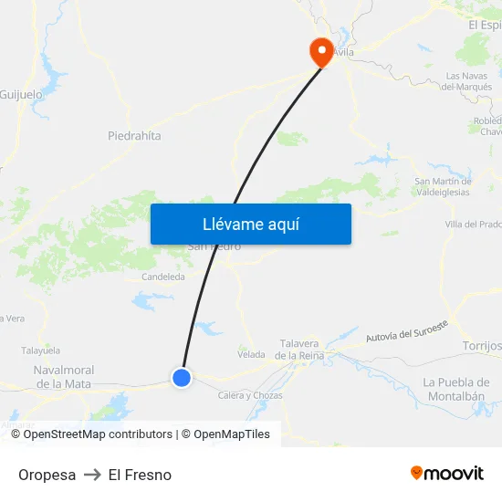 Oropesa to El Fresno map