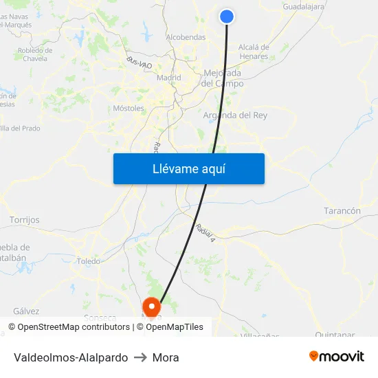 Valdeolmos-Alalpardo to Mora map