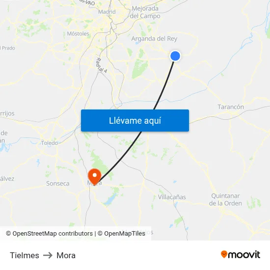 Tielmes to Mora map