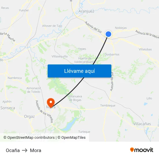 Ocaña to Mora map