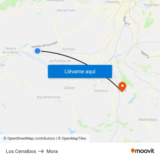 Los Cerralbos to Mora map
