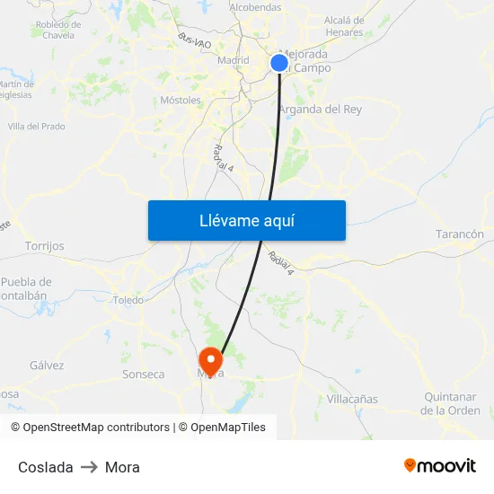 Coslada to Mora map