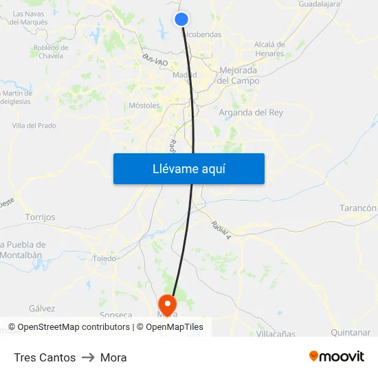 Tres Cantos to Mora map