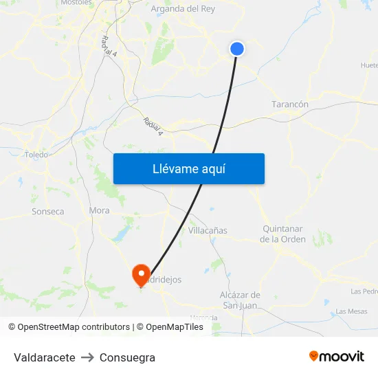 Valdaracete to Consuegra map