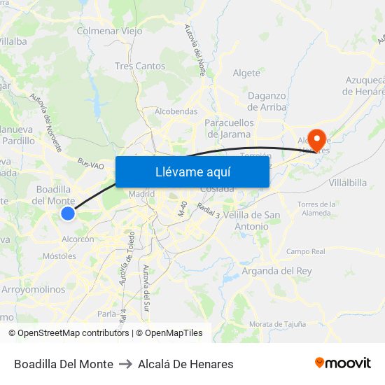 Boadilla Del Monte to Alcalá De Henares map