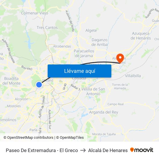 Paseo De Extremadura - El Greco to Alcalá De Henares map