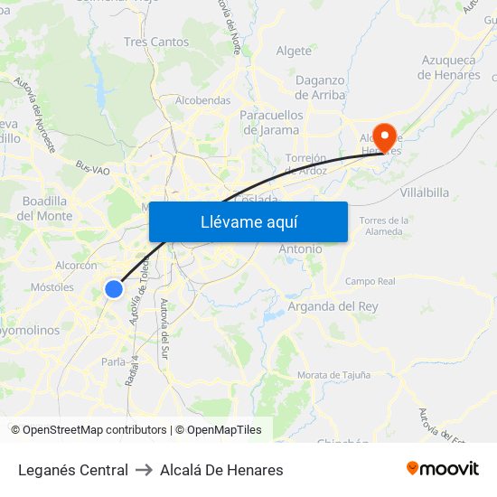 Leganés Central to Alcalá De Henares map