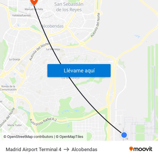Madrid Airport Terminal 4 to Alcobendas map