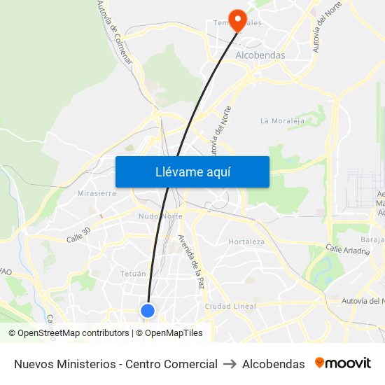 Nuevos Ministerios - Centro Comercial to Alcobendas map