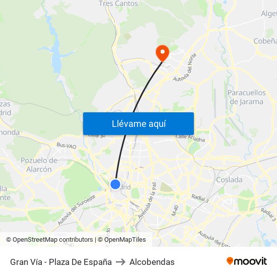 Gran Vía - Plaza De España to Alcobendas map