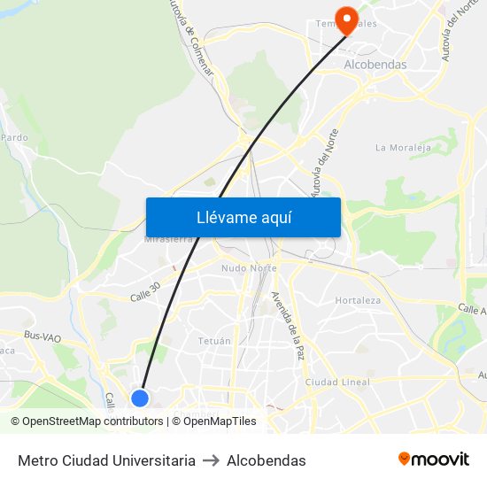 Metro Ciudad Universitaria to Alcobendas map