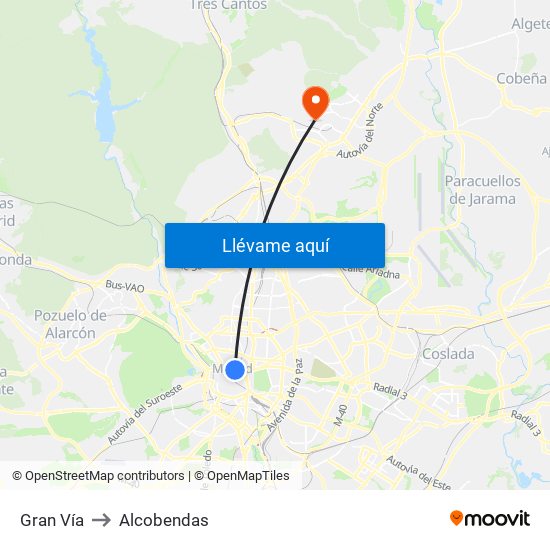 Gran Vía to Alcobendas map