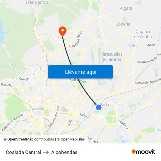 Coslada Central to Alcobendas map