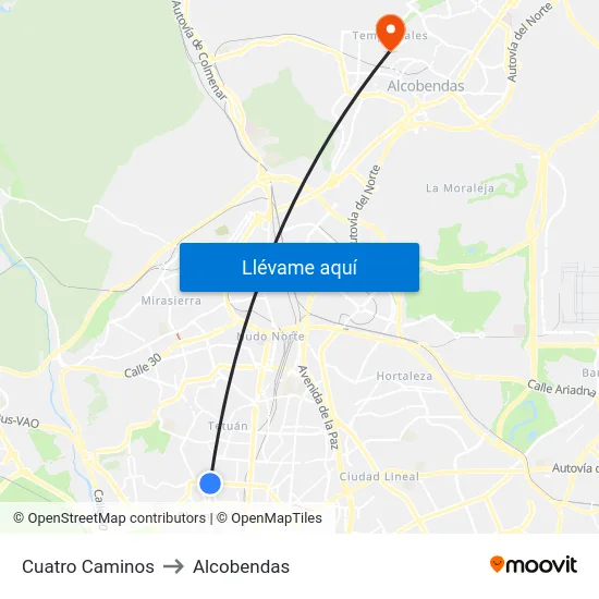 Cuatro Caminos to Alcobendas map