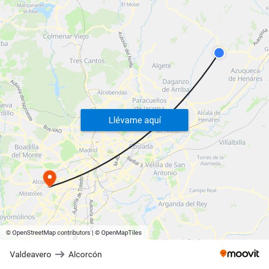 Valdeavero to Alcorcón map