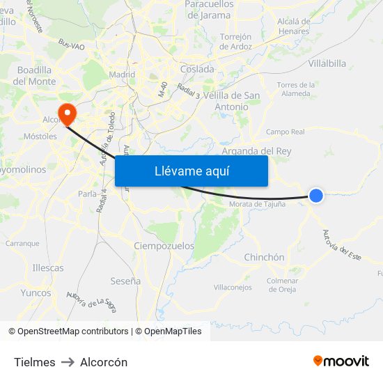 Tielmes to Alcorcón map