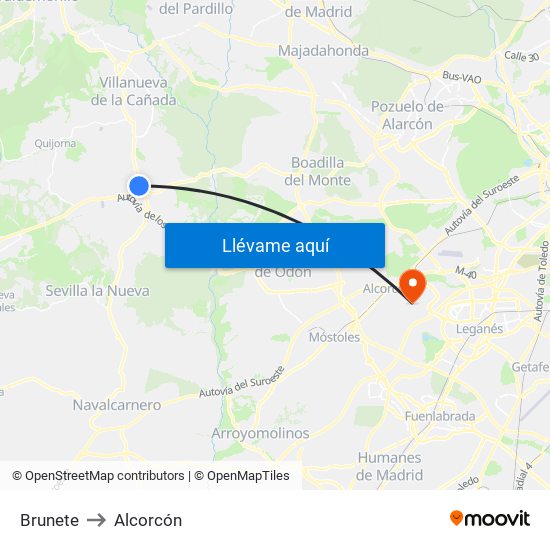 Brunete to Alcorcón map