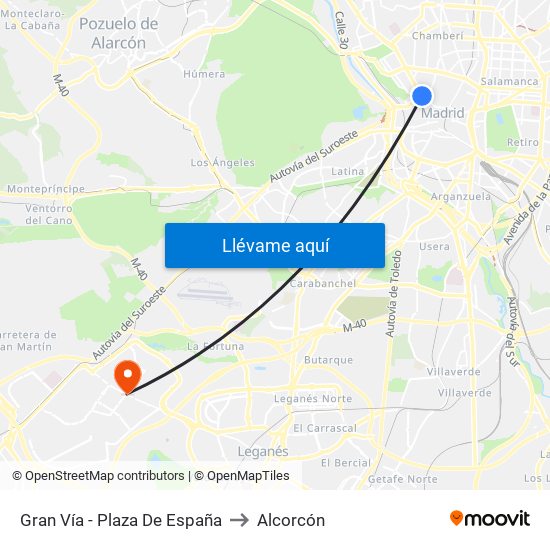 Gran Vía - Plaza De España to Alcorcón map