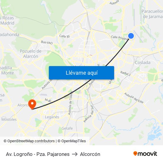 Av. Logroño - Pza. Pajarones to Alcorcón map