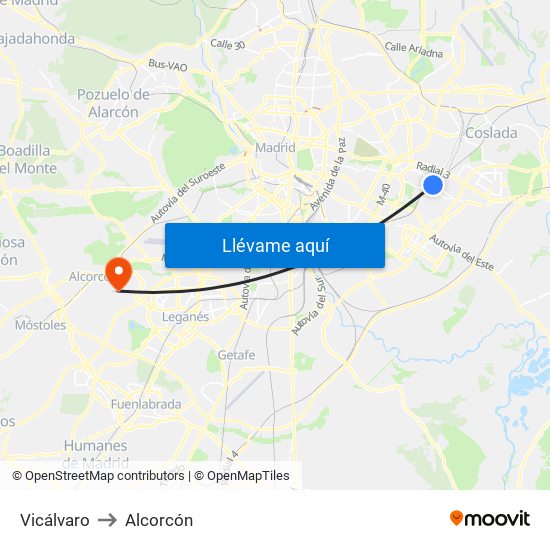Vicálvaro to Alcorcón map