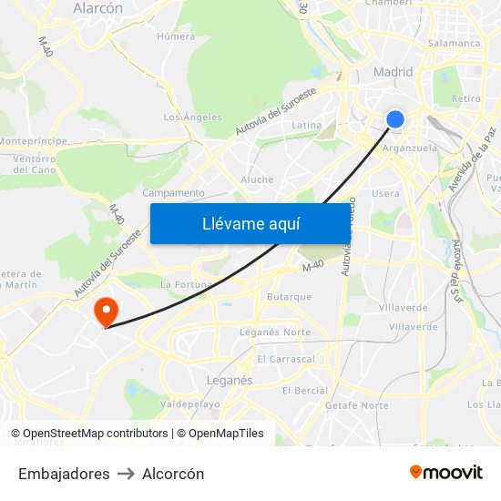 Embajadores to Alcorcón map