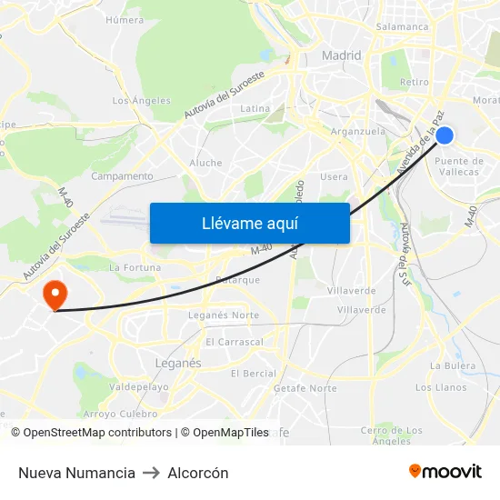 Nueva Numancia to Alcorcón map