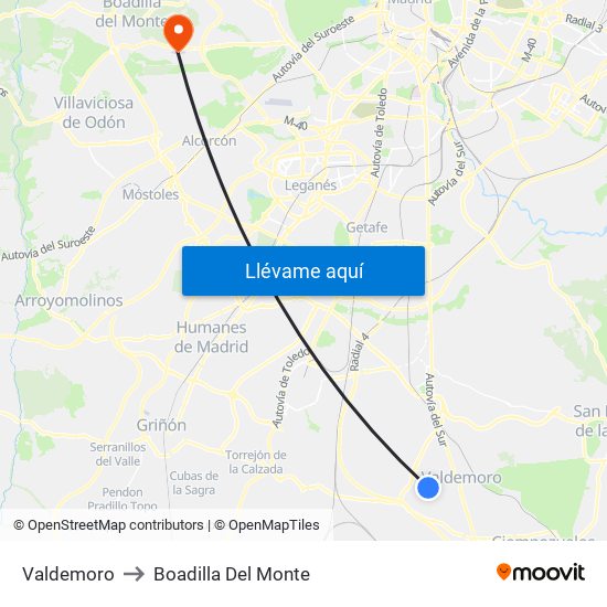 Valdemoro to Boadilla Del Monte map