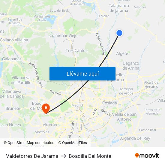 Valdetorres De Jarama to Boadilla Del Monte map