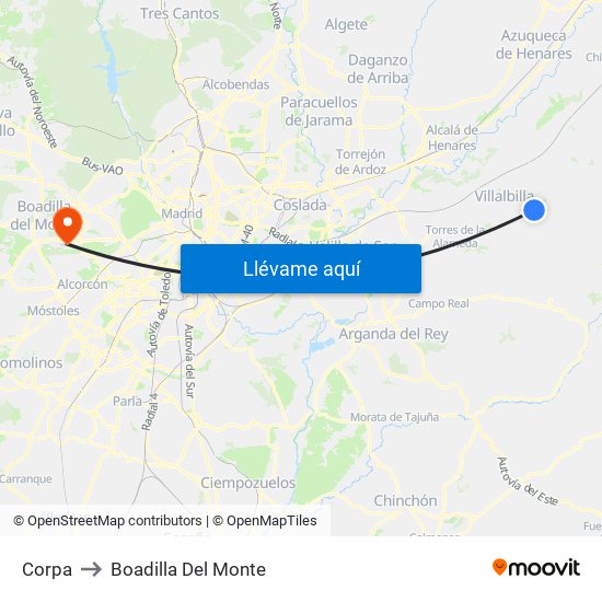 Corpa to Boadilla Del Monte map