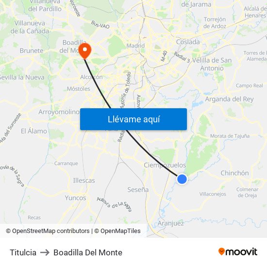 Titulcia to Boadilla Del Monte map