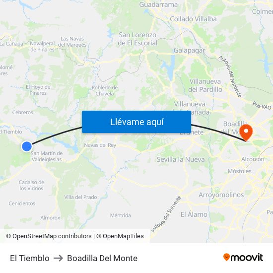 El Tiemblo to Boadilla Del Monte map