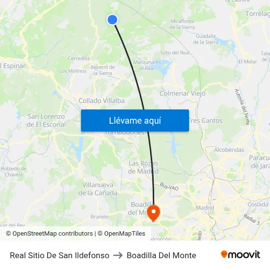 Real Sitio De San Ildefonso to Boadilla Del Monte map