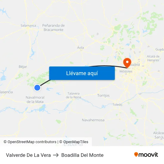 Valverde De La Vera to Boadilla Del Monte map