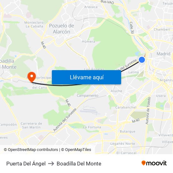 Puerta Del Ángel to Boadilla Del Monte map