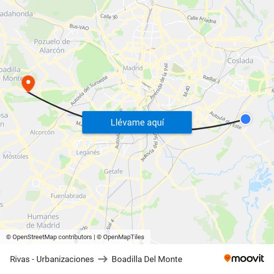 Rivas - Urbanizaciones to Boadilla Del Monte map