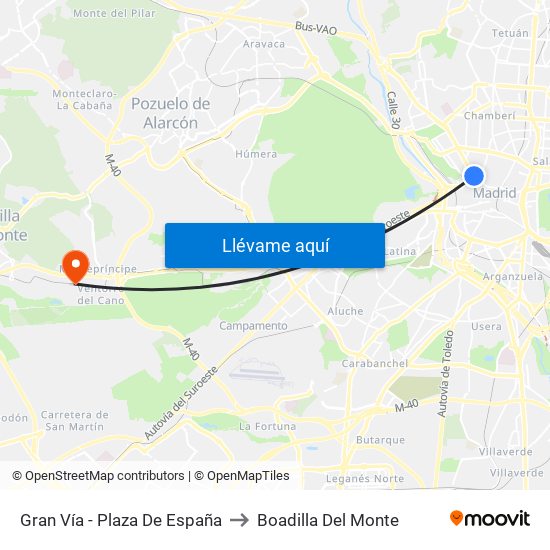 Gran Vía - Plaza De España to Boadilla Del Monte map